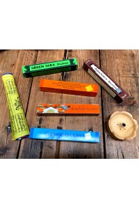 Tibetan Incense Gift Set contains Green Tara, Orange Healing, Kalachakra, Wisdom & Shambala Incense plus incense holder and Prayer Flags Tibetan Incense Gift Set contains Green Tara, Orange Healing, Kalachakra, Wisdom & Shambala Incense plus incense holder and Prayer Flags