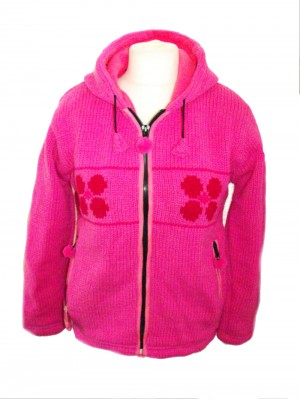Fleece Lined Dark Pink Daisy Handknitted Woollen Jacket - Fair Trade Fleece Lined Dark Pink Daisy Handknitted Woollen Jacket - Fair Trade