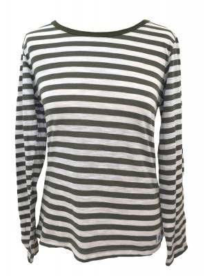 Fair Trade 100% Cotton Classic Stripey Green / White Ladies Long Sleeve Fitted T Shirt Fair Trade 100% Cotton Classic Stripey Green / White Ladies Long Sleeve Fitted T Shirt