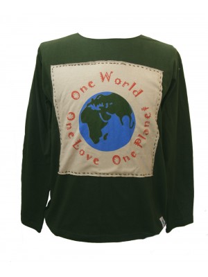 Fair Trade 100% Cotton Green One World One Love One Planet Long Sleeve T Shirt