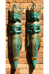 Pair of Large Rama and Sinta Wooden Figures / Carvings - Emerald Green - Fair Trade