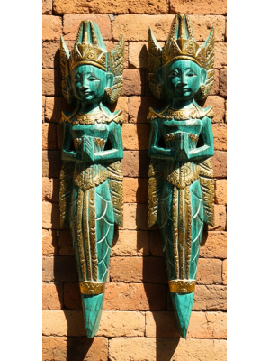 Pair of Large Rama and Sinta Wooden Figures / Carvings - Emerald Green - Fair Trade Pair of Large Rama and Sinta Wooden Figures / Carvings - Emerald Green - Fair Trade