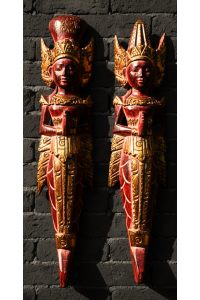 Pair of Large Rama and Sinta Wooden Figures / Carvings - Ruby Red - Fair Trade