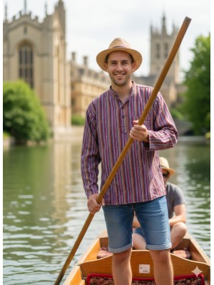 Purple / Red Striped 100% Cotton Collarless Cambridge Grandad Shirt Purple / Red Striped 100% Cotton Collarless Cambridge Grandad Shirt
