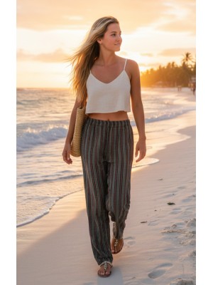 Green / Black Striped Cotton Casual Unisex Trousers Lightweight Summer Baggies Green / Black Striped Cotton Casual Unisex Trousers Lightweight Summer Baggies