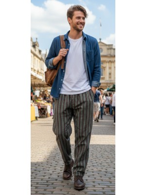 Green / Black Striped Cotton Casual Unisex Trousers Lightweight Summer Baggies Green / Black Striped Cotton Casual Unisex Trousers Lightweight Summer Baggies
