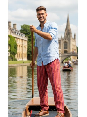 Red / Yellow Striped Cotton Casual Unisex Trousers Lightweight Summer Baggies Red / Yellow Striped Cotton Casual Unisex Trousers Lightweight Summer Baggies