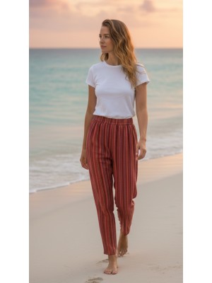 Red / Yellow Striped Cotton Casual Unisex Trousers Lightweight Summer Baggies Red / Yellow Striped Cotton Casual Unisex Trousers Lightweight Summer Baggies