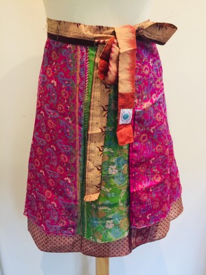 Fair Trade Short Sari Silk Reversible Tiered Wrap Skirt - Terracotta / Pink Design Fair Trade Short Sari Silk Reversible Tiered Wrap Skirt - Terracotta / Pink Design