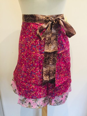 Fair Trade Short Sari Silk Reversible Tiered Wrap Skirt - Hot Pink / Pale Pink Design Fair Trade Short Sari Silk Reversible Tiered Wrap Skirt - Hot Pink / Pale Pink Design