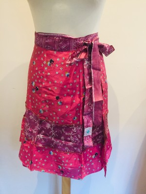 Fair Trade Short Sari Silk Reversible Tiered Wrap Skirt - Pink Tiered Design Fair Trade Short Sari Silk Reversible Tiered Wrap Skirt - Pink Tiered Design