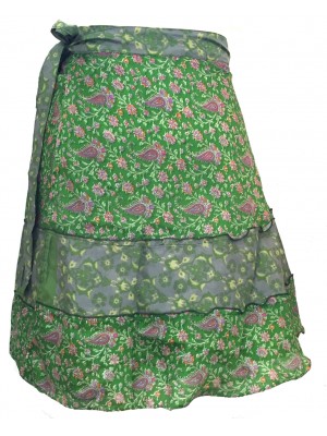 Fair Trade Short Sari Silk Reversible Tiered Wrap Skirt - Shades of Green Design Fair Trade Short Sari Silk Reversible Tiered Wrap Skirt - Shades of Green Design