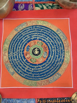 Original Vintage Thangka Painting - Tibetan Buddhist Om Made Padme Hum Mantra Mandela featuring the Eight Auspicious Signs Original Vintage Thangka Painting - Tibetan Buddhist Om Made Padme Hum Mantra Mandela featuring the Eight Auspicious Signs