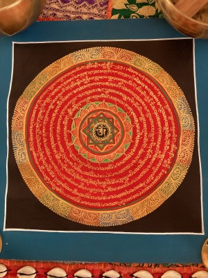Original Vintage Thangka Painting - Tibetan Buddhist Om Made Padme Hum Mantra Mandela within a Lotus Flower Original Vintage Thangka Painting - Tibetan Buddhist Om Made Padme Hum Mantra Mandela within a Lotus Flower