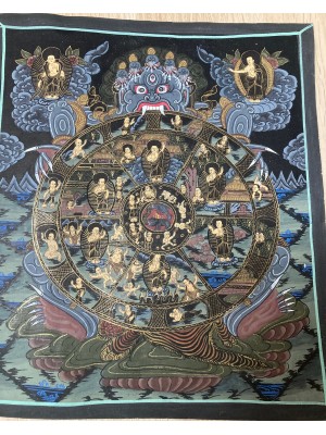 Original Vintage Tibetan Buddhist Thangka Painting - Black Wheel of Life - Fair Trade