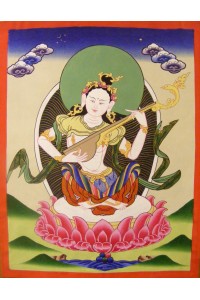 Original Vintage Tibetan Buddhist Thangka Painting - Saraswati , Goddess of Knowledge and Wisdom - Fair Trade Original Vintage Tibetan Buddhist Thangka Painting - Saraswati , Goddess of Knowledge and Wisdom - Fair Trade