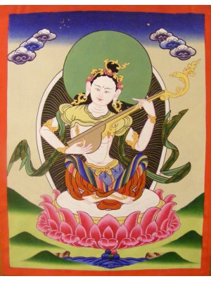 Original Vintage Tibetan Buddhist Thangka Painting - Saraswati , Goddess of Knowledge and Wisdom - Fair Trade Original Vintage Tibetan Buddhist Thangka Painting - Saraswati , Goddess of Knowledge and Wisdom - Fair Trade