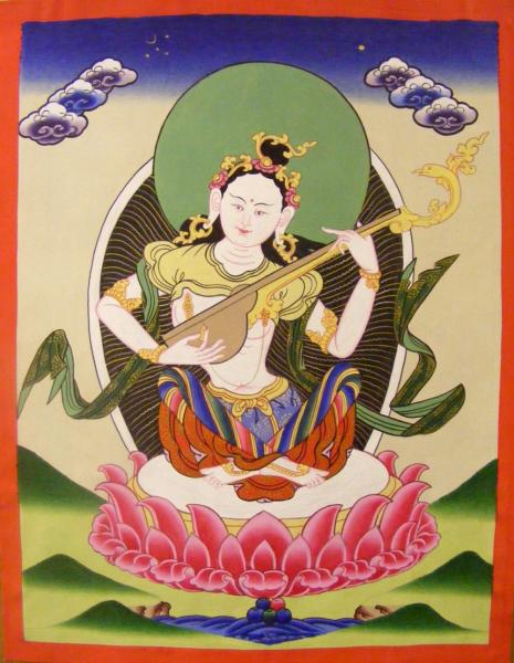 Original Vintage Tibetan Buddhist Thangka Painting -  Saraswati , Goddess of Knowledge and Wisdom  - Fair Trade