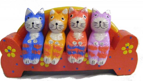 Quirky Fair Trade Wooden Hand Painted Four Cats on a Sofa