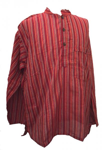 Red Striped 100% Cotton Collarless Grandad Shirt - Fairtrade