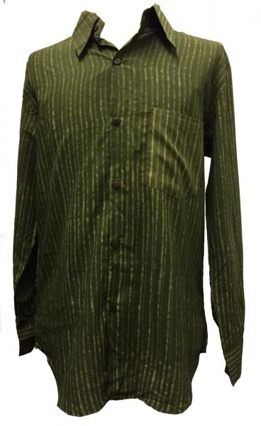 Light Green / Dark Green Striped Blockprint Cotton Mens Long Sleeve Shirt - Fair Trade