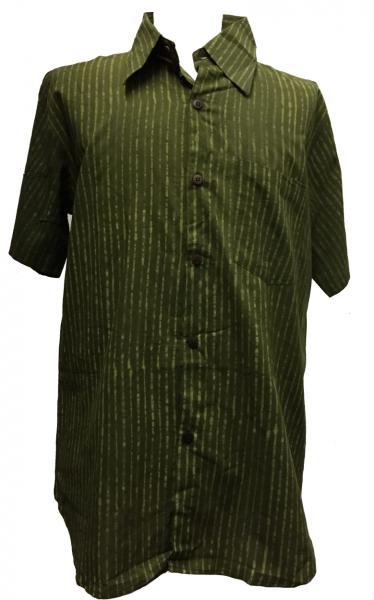 Light Green / Dark Green Striped Blockprint Cotton Mens Short Sleeve Shirt - Fair Trade