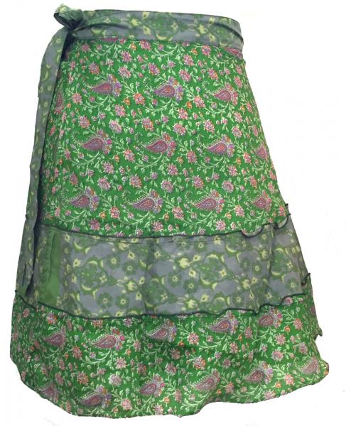 Fair Trade Short Sari Silk  Reversible Tiered Wrap Skirt - Shades of Green Design