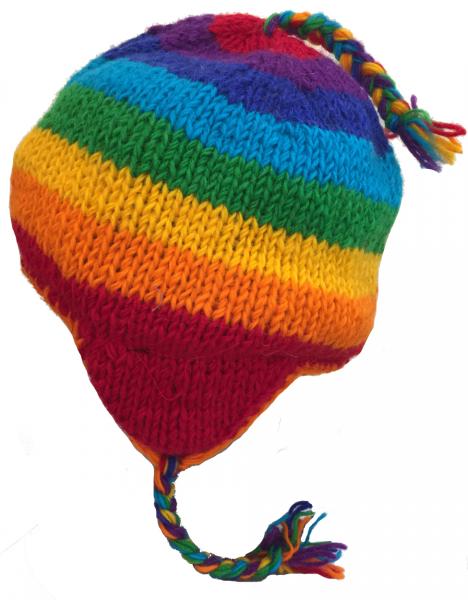 Rainbow Hand Knit Wool Earflap Hat - Fair Trade - Fleece Lined Toasty Warm