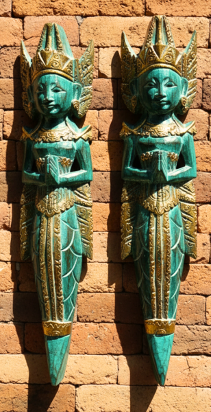 Pair of Large Rama and Sinta Wooden Figures / Carvings - Emerald Green - Fair Trade