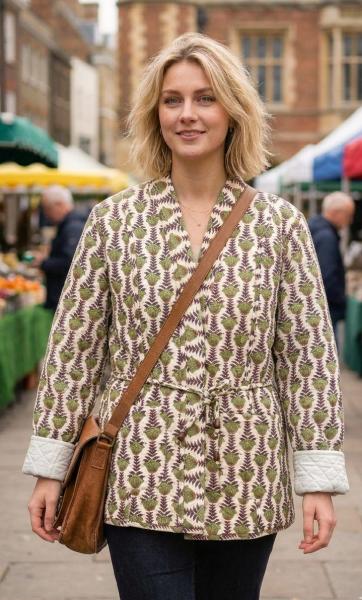 Kantha Jacket - Cotton Quilted Summer Weight Green & White Flowers Reversible Indian Kantha Jacket - Fair Trade - Available in sizes 8 -18