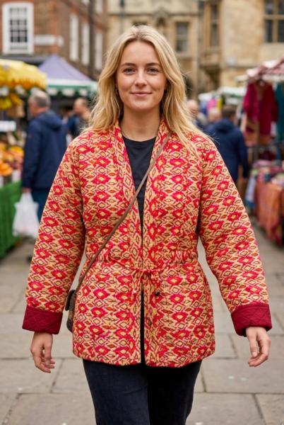 Kantha Jacket - Cotton Quilted Summer Weight Pink Geometric Reversible Indian Kantha Jacket - Fair Trade - Available in sizes 8 - 18