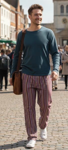 Purple / Red Striped Cotton Casual Unisex Trousers Lightweight Summer Baggies