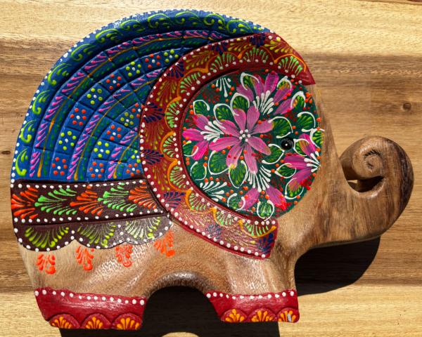 Handcrafted Hand Painted Wooden Elephant Dish - Red & Blue